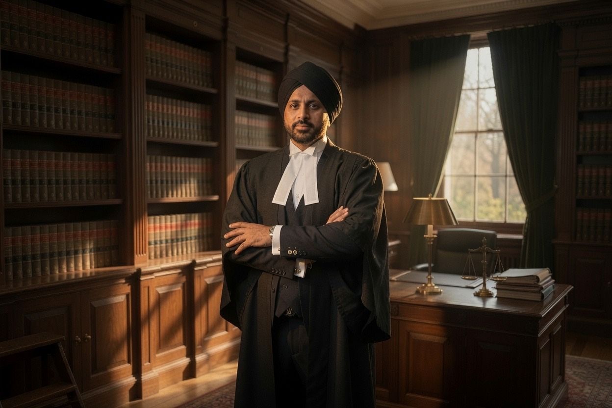 Harminder Singh Dhillon in legal attire in a law library